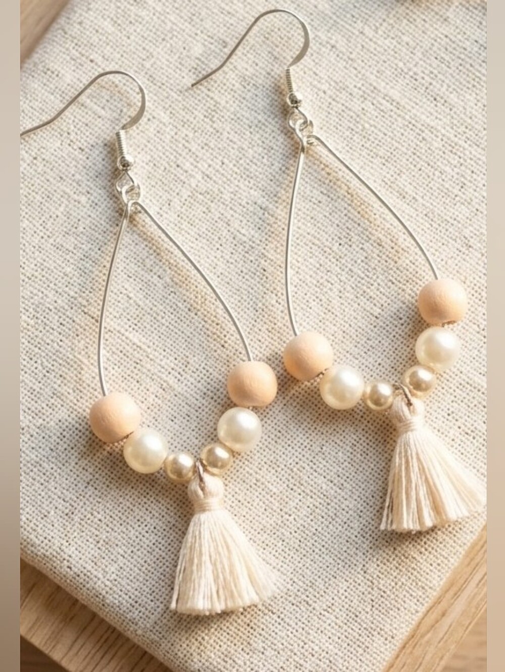 Handmade Cream Bead & Tassel Teardrop Earrings